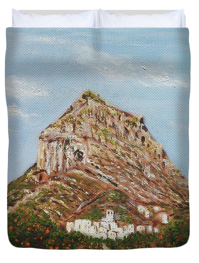 Javea Duvet Cover featuring the painting Montgo Javea Spain, From The Orange Groves by Mackenzie Moulton