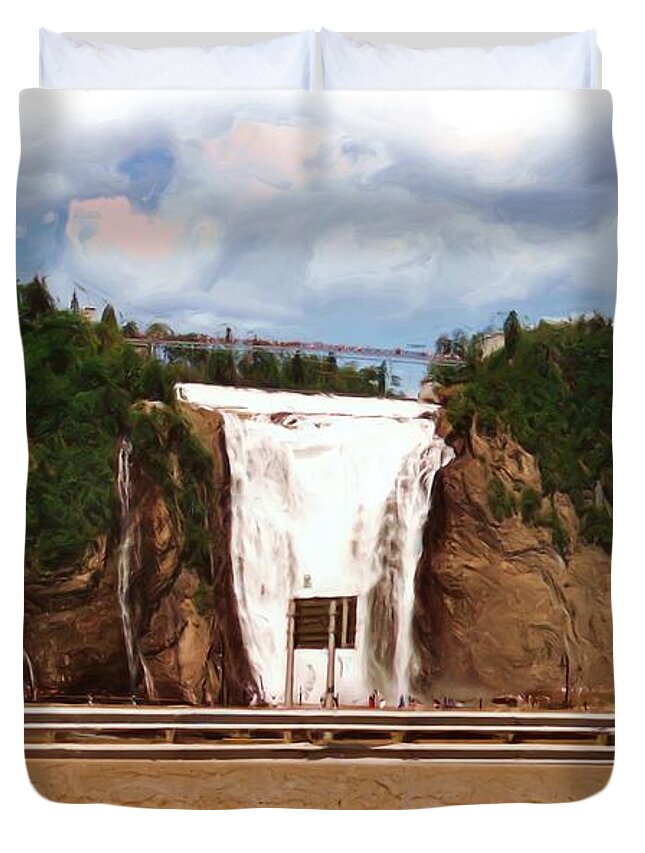 Montmorency Falls At Montmorency River Which Is A Tributary To St Lawrence River In Quebec Higher Than Niagara Duvet Cover featuring the mixed media Montmorency Falls at Montmorency River which is a tributary to St Lawrence River in Quebec by Asbjorn Lonvig