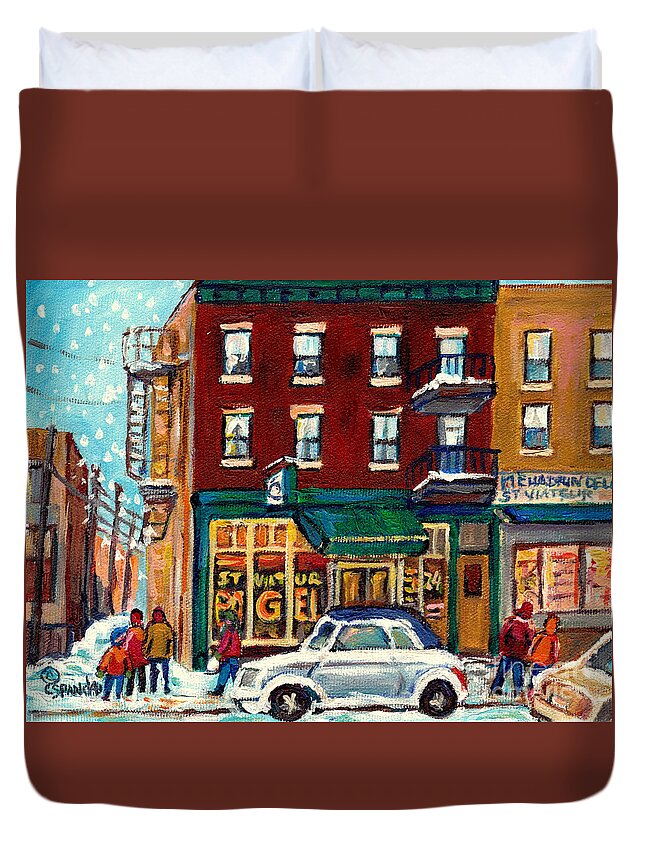 St. Viateur Bagel And Mehadrins Duvet Cover featuring the painting Montreal Winter Street Scene Painting C Spandau Canadian Art Landmark Storefront St Viateur Bagel by Carole Spandau