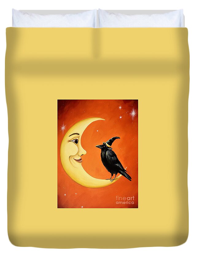 Moon Duvet Cover featuring the painting Moon And Crow  by Debbie Criswell