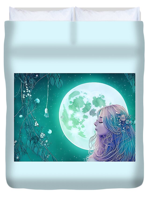 Digital Duvet Cover featuring the digital art Moon Behind Pretty Girl by Beverly Read