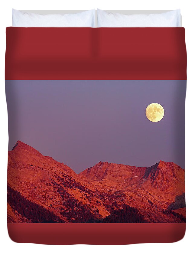 Moon Duvet Cover featuring the photograph Moon Over Alpenglow by Brett Harvey