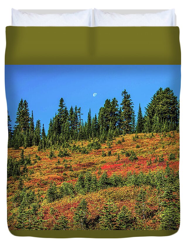 Mount Rainier National Park Duvet Cover featuring the photograph Moon Over Paradise by Doug Scrima