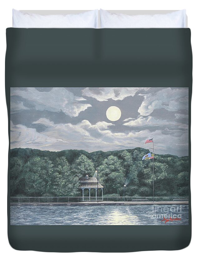 Moon Duvet Cover featuring the painting Moon over the Wharf by Aicy Karbstein