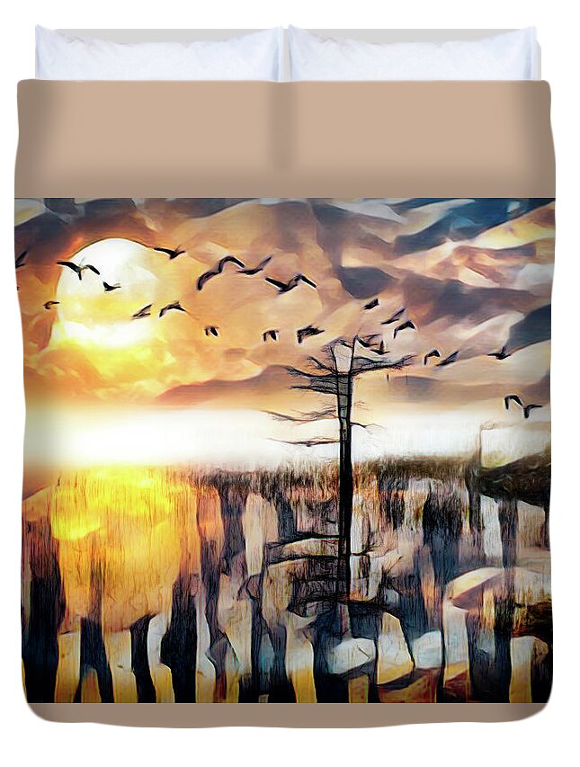 Birds Duvet Cover featuring the photograph Moon Rise Flight Abstract Painting by Debra and Dave Vanderlaan