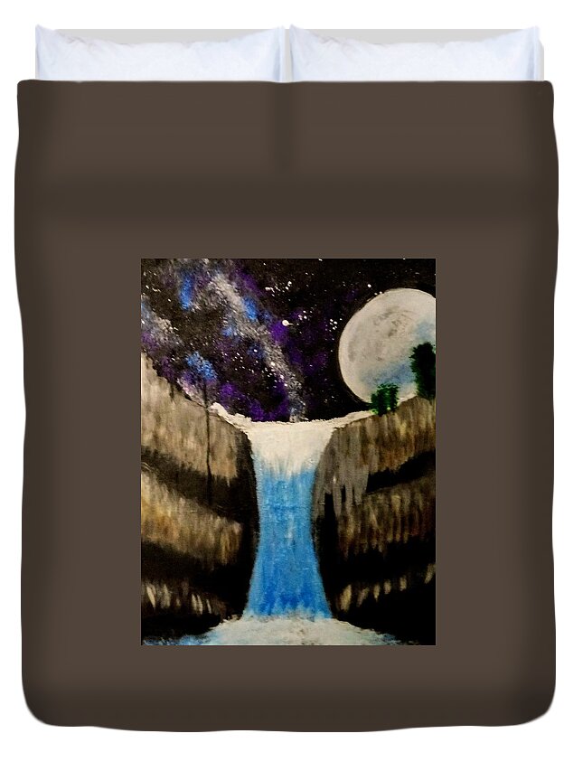 Moon Duvet Cover featuring the painting Moonlite Waterfall by Anna Adams