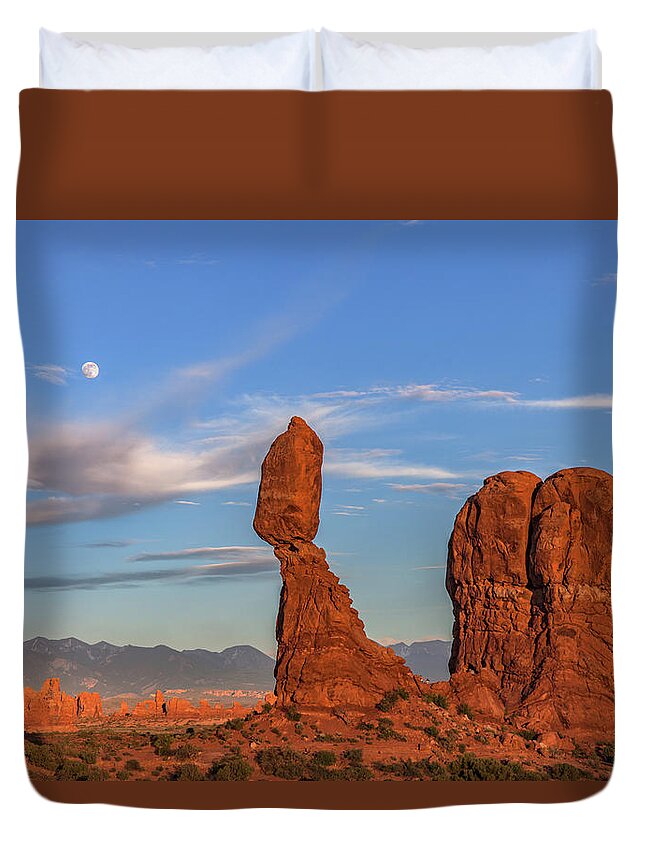 Arches National Park Duvet Cover featuring the photograph Moonrise at Sunset - Balanced Rock by Dan Norris