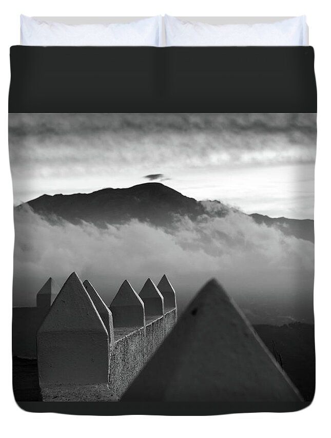 Moorish Duvet Cover featuring the photograph Moorish watchtower and La Maroma by Gary Browne