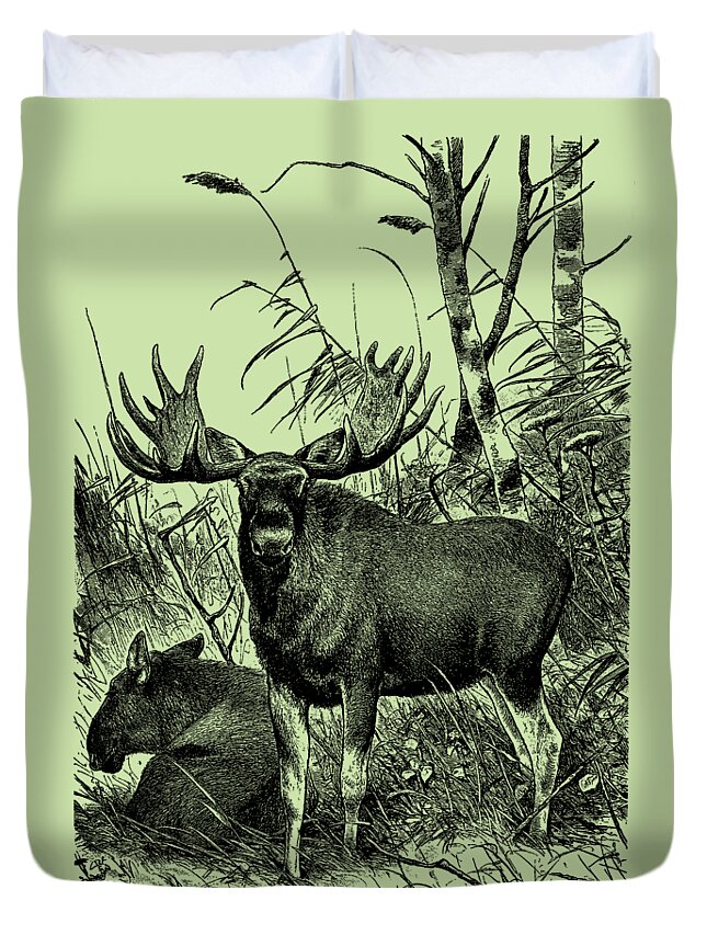 Moose Duvet Cover featuring the mixed media Moose Bull And Cow by Madame Memento