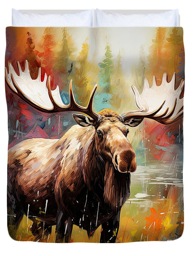 Moose Duvet Cover featuring the painting Moose Solitude by Lourry Legarde
