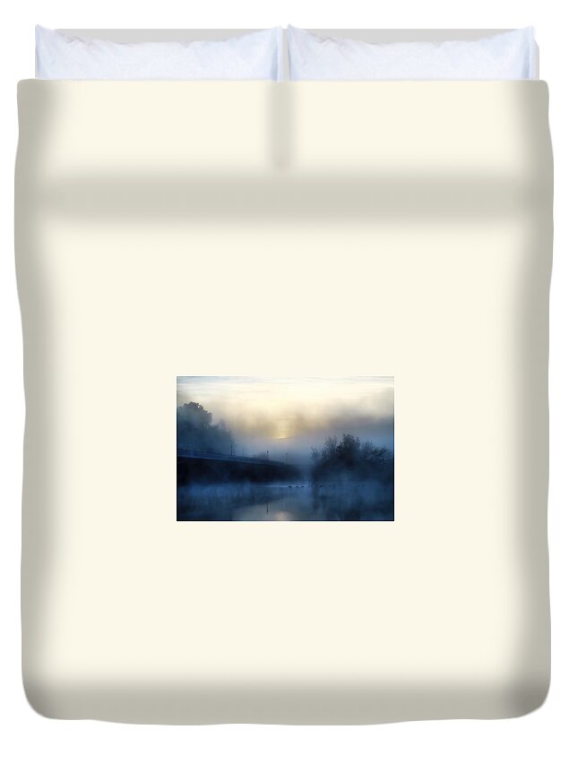 Fog Duvet Cover featuring the photograph Morning fog on the river by Lynn Hopwood