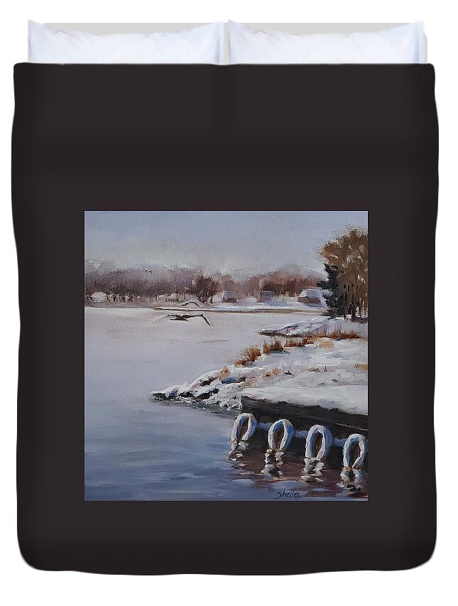 Landscape Duvet Cover featuring the painting Morning Harbour by Sheila Romard
