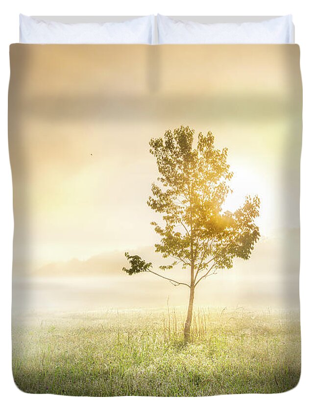 Tree Duvet Cover featuring the photograph Sunrise Tree In Mississippi Morning Fog by Jordan Hill