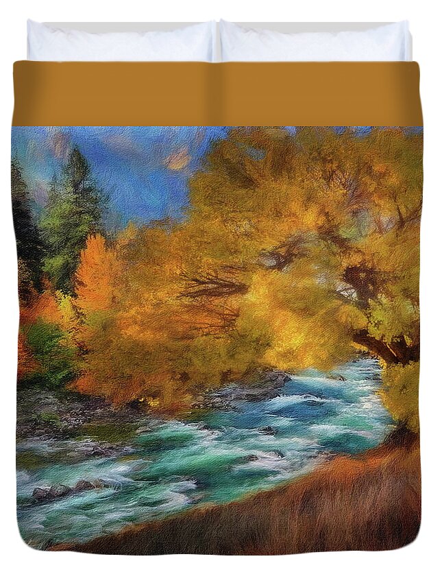Mountain Stream Duvet Cover featuring the digital art Morning Mountain River by Russ Harris