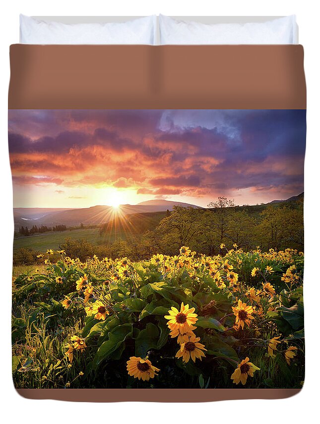 Landscape Flowers Morning Sunrise Clouds Sunlight Light Rays Duvet Cover featuring the photograph Morning Rays by Andrew Kumler