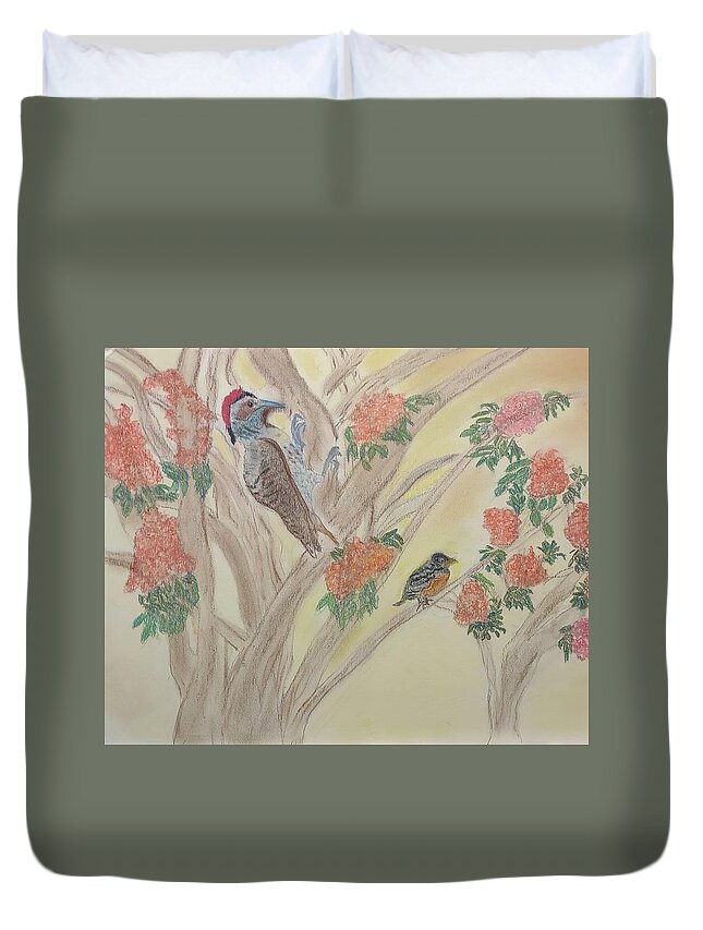 Woodpecker Duvet Cover featuring the pastel Morning Sounds by Suzanne Berthier