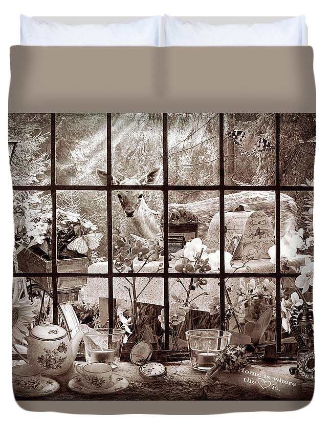 Spring Duvet Cover featuring the photograph Morning Visitor in Vintage Sepia by Debra and Dave Vanderlaan