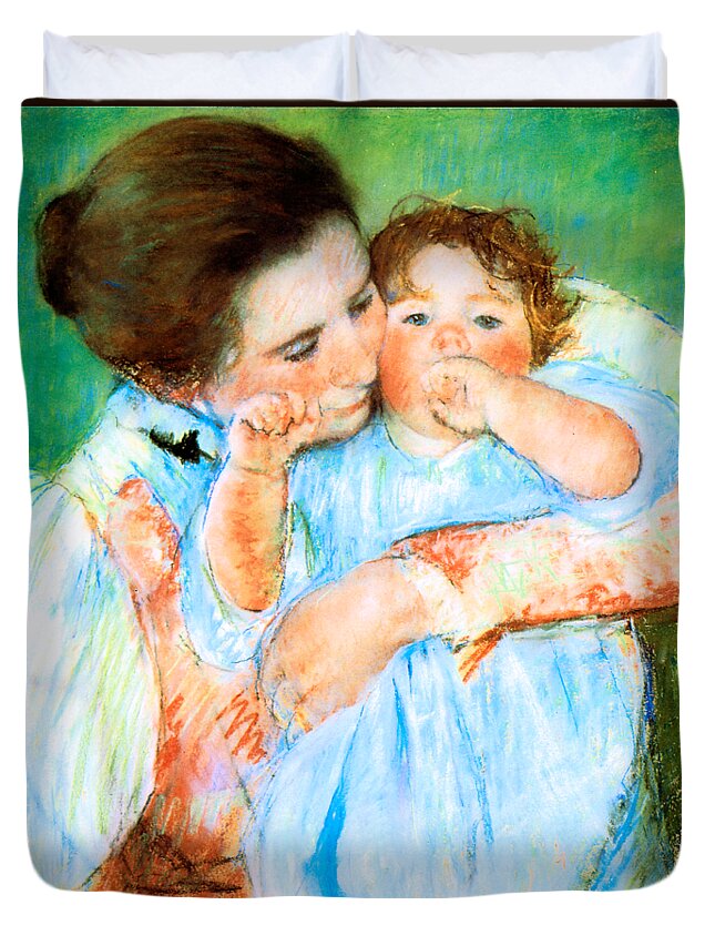 Marycassatt Duvet Cover featuring the painting Mother and Child against a Green Background 1887 by Mary Stevenson Cassatt