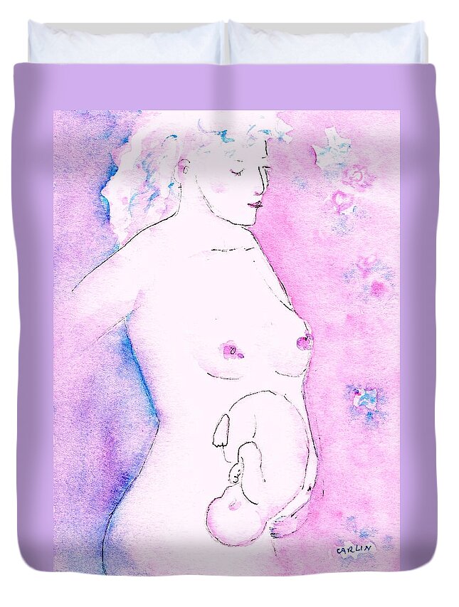 Pregnant Duvet Cover featuring the painting Mother and Fetus Colorful by Carlin Blahnik CarlinArtWatercolor