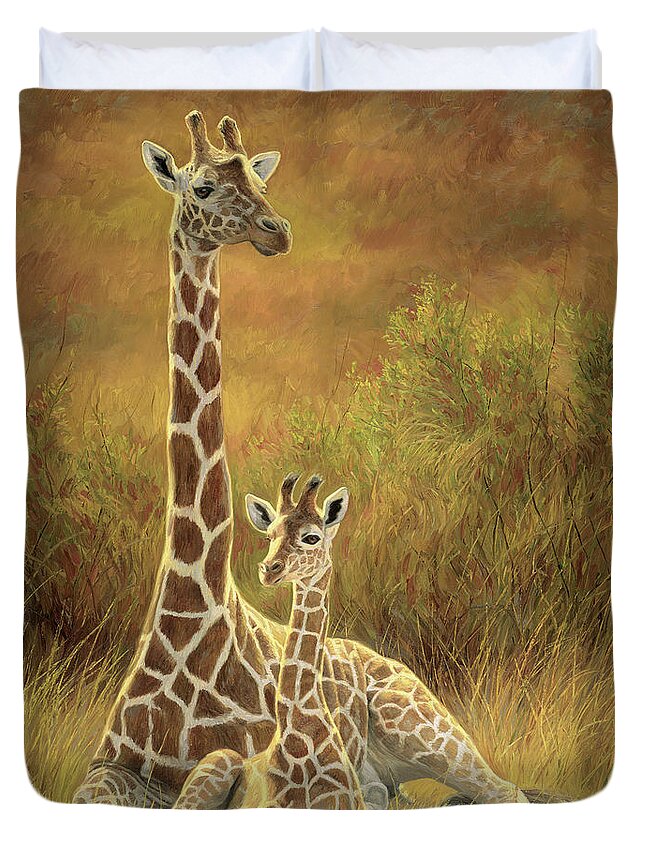 Giraffe Duvet Cover featuring the painting Mother and Son by Lucie Bilodeau