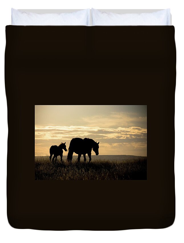Horses Duvet Cover featuring the photograph Mother Horse and Foal in sunset by Naomi Maya