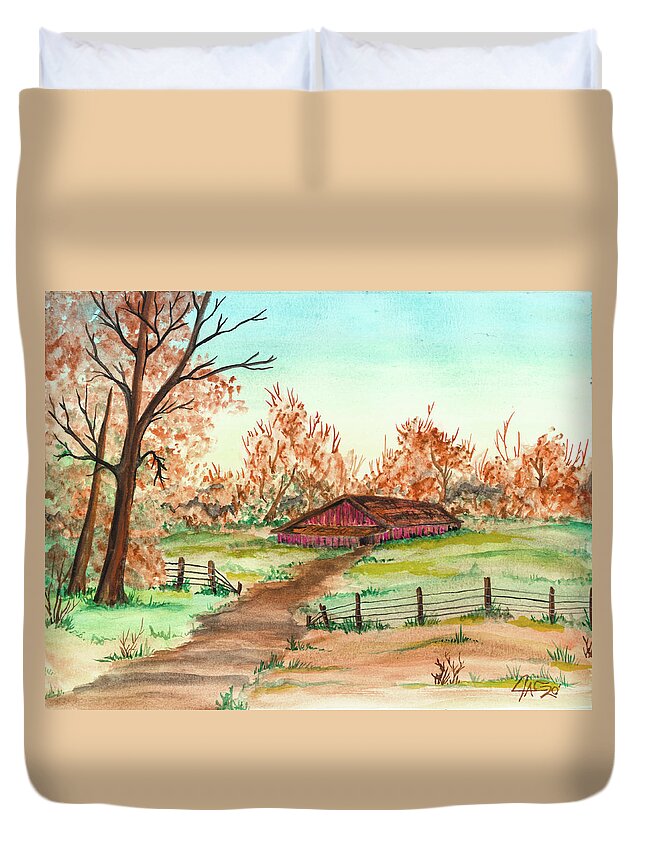 Fall Duvet Cover featuring the painting Mothers Medow by The GYPSY and Mad Hatter