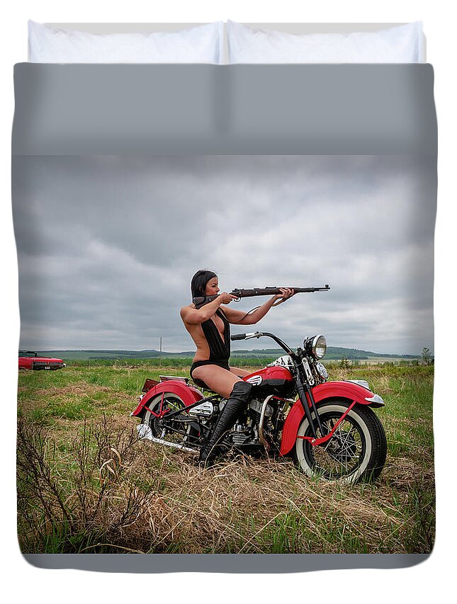 Motorcycle Duvet Cover featuring the photograph Motorcycle Babe by Bill Cubitt