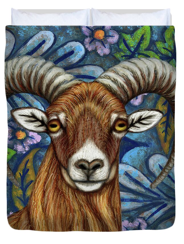 Mouflon Duvet Cover featuring the painting Mouflon Ram Floral by Amy E Fraser