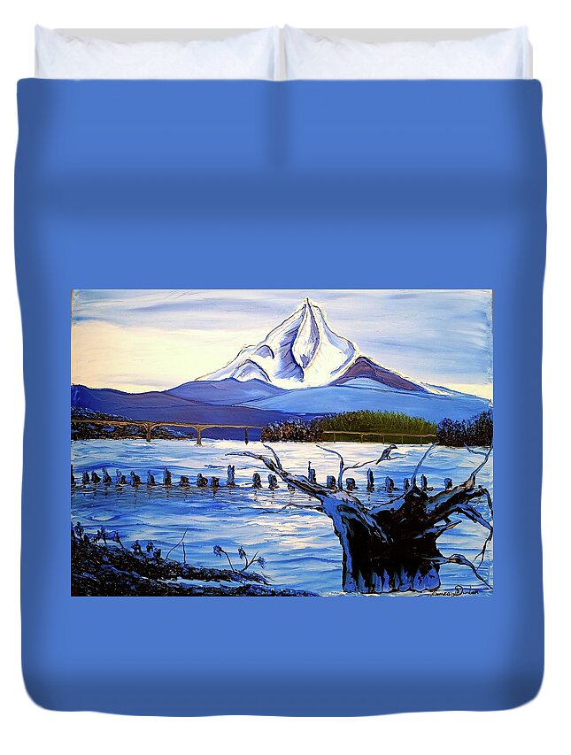  Duvet Cover featuring the painting Mount Hood Over Wintler Beach by Dunbar's Local Art Boutique