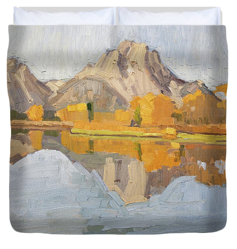 Jackson Hole Duvet Cover featuring the painting Mount Moran - Grand Tetons National Park, Jackson Hole, Wyoming by Paul Strahm