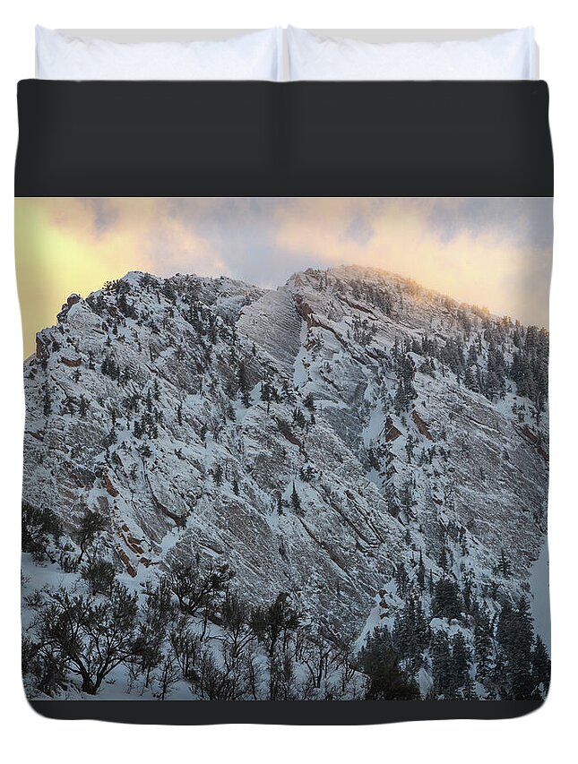 Utah Duvet Cover featuring the photograph Mount Olympus Cliffs Winter Sunset - Salt Lake City, Utah by Brett Pelletier