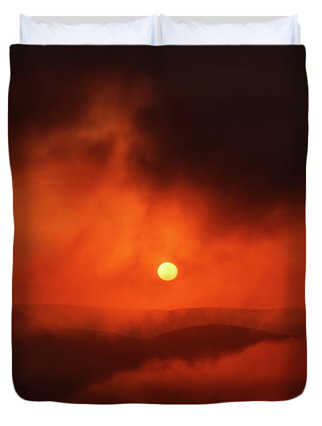 Mountain Duvet Cover featuring the photograph Mountain dramatic sunset in clouds by Mikhail Kokhanchikov