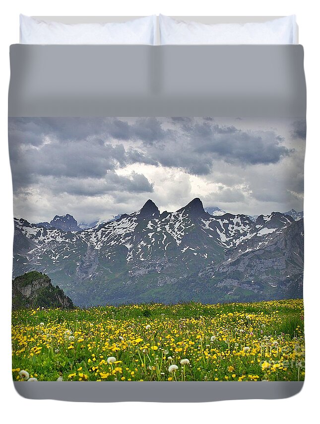 Switzerland Duvet Cover featuring the photograph Mountain Fields by Yvonne M Smith