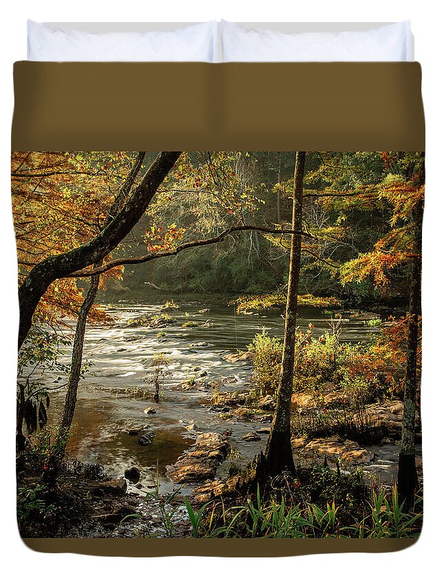 Cypress Trees Duvet Cover featuring the photograph Mountain Fork River in Fall Morning by Iris Greenwell