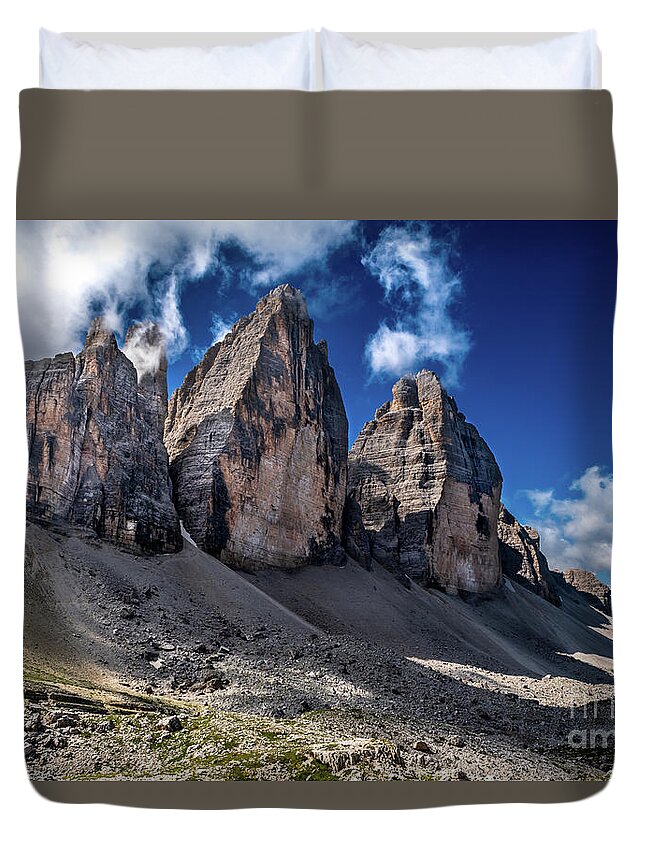 Alpine Duvet Cover featuring the photograph Mountain Formation Tre Cime Di Lavaredo In The Dolomites Of South Tirol In Italy by Andreas Berthold