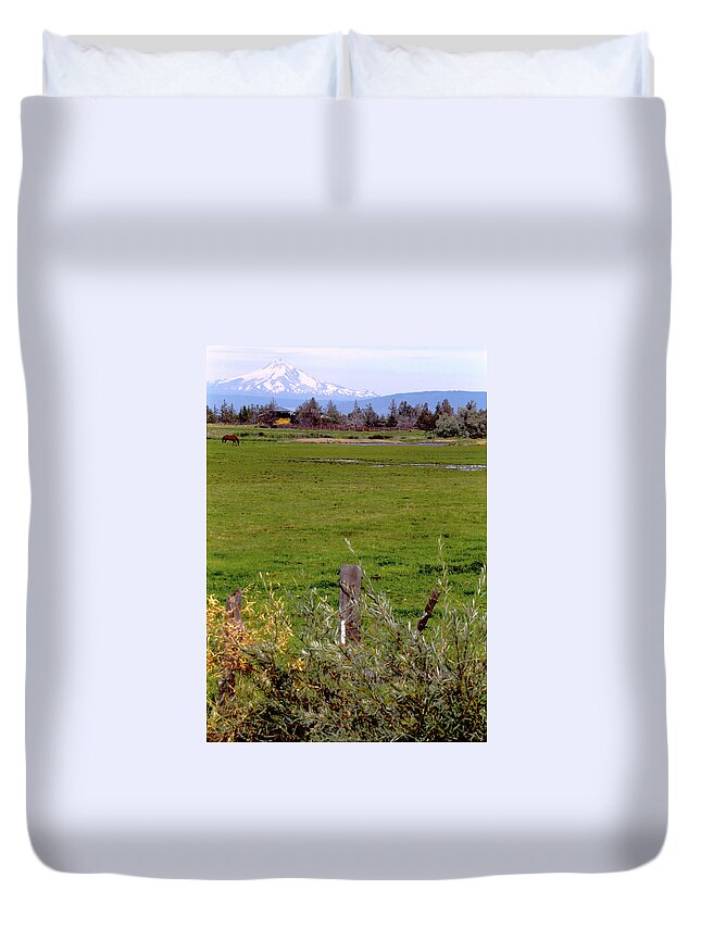 Mountain Duvet Cover featuring the digital art Mountain Horse Scene In Oregon by Rebecca Grzenda