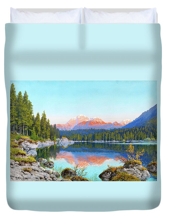Vintage Duvet Cover featuring the digital art Mountain Lake by Gary Grayson