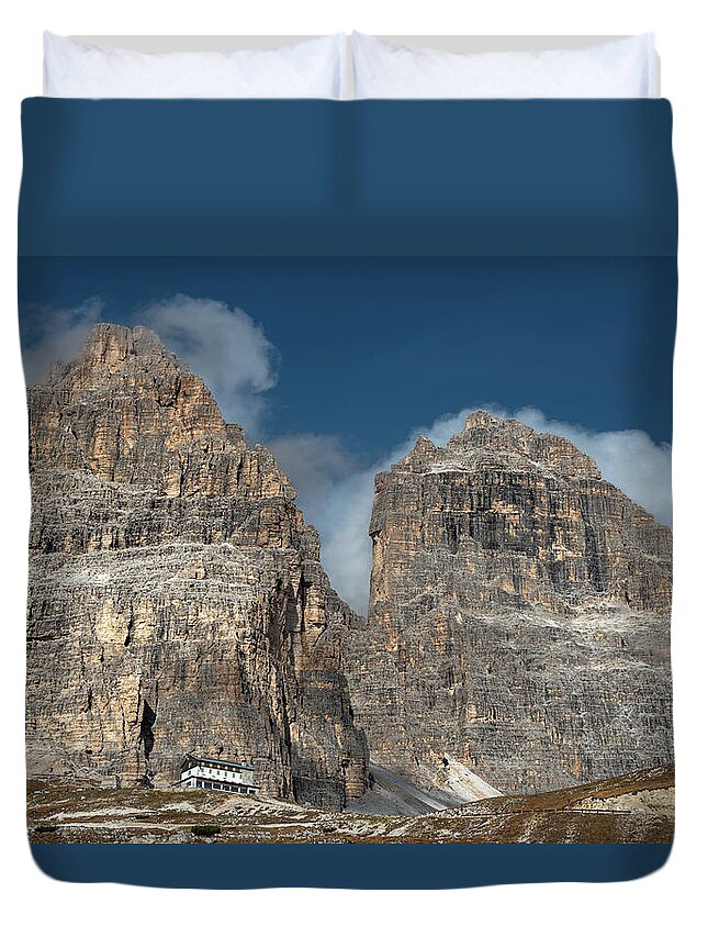 Dolomite Duvet Cover featuring the photograph Mountain landscape of the picturesque Dolomites at Tre Cime area by Michalakis Ppalis