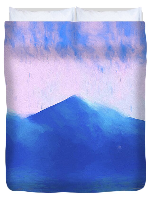 Blue Mountains Duvet Cover featuring the digital art Mountain Scene with Rain and Ocean by Alison Frank