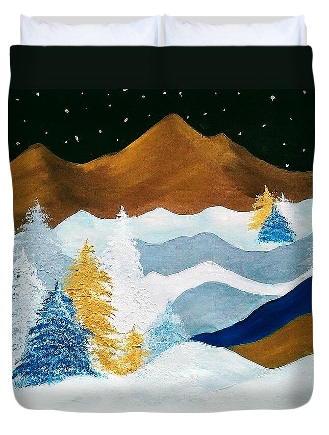 Mountain Duvet Cover featuring the painting Mountain Snow Scene by Lynne McQueen