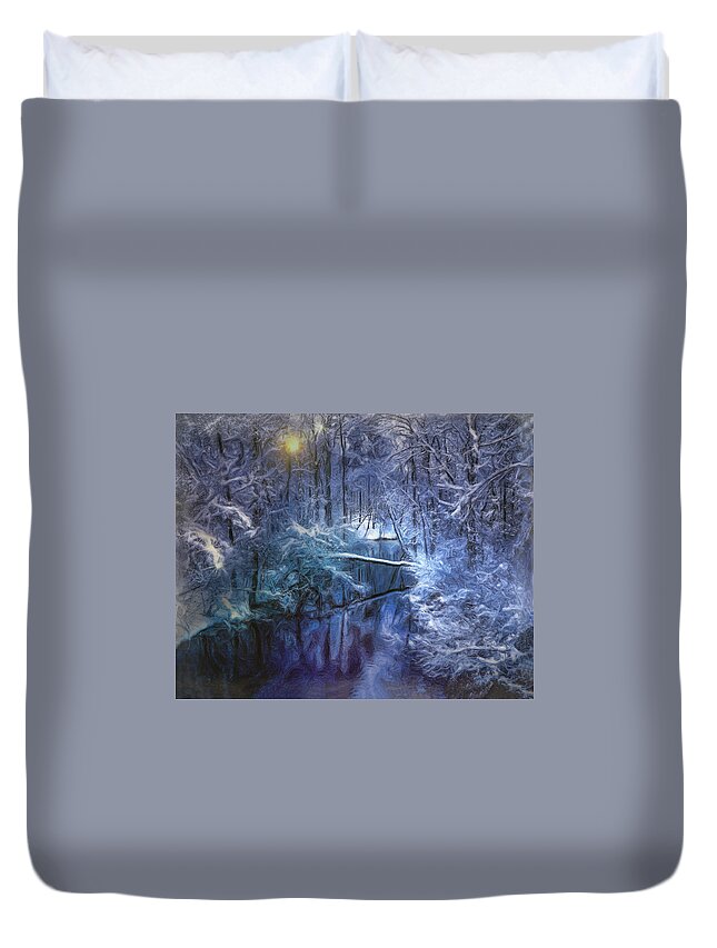 Snow Duvet Cover featuring the digital art Mountain Stream in the Snow by Cordia Murphy