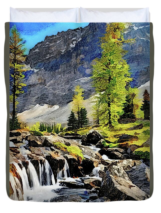 High Duvet Cover featuring the painting Mountain Stream by Russ Harris