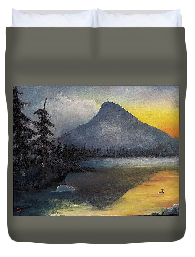 Landscape Duvet Cover featuring the painting Mountain Sunrise by Evelyn Snyder