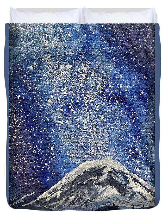 Mount Rainier Duvet Cover featuring the painting Mountain with Night Sky by Lisa Neuman