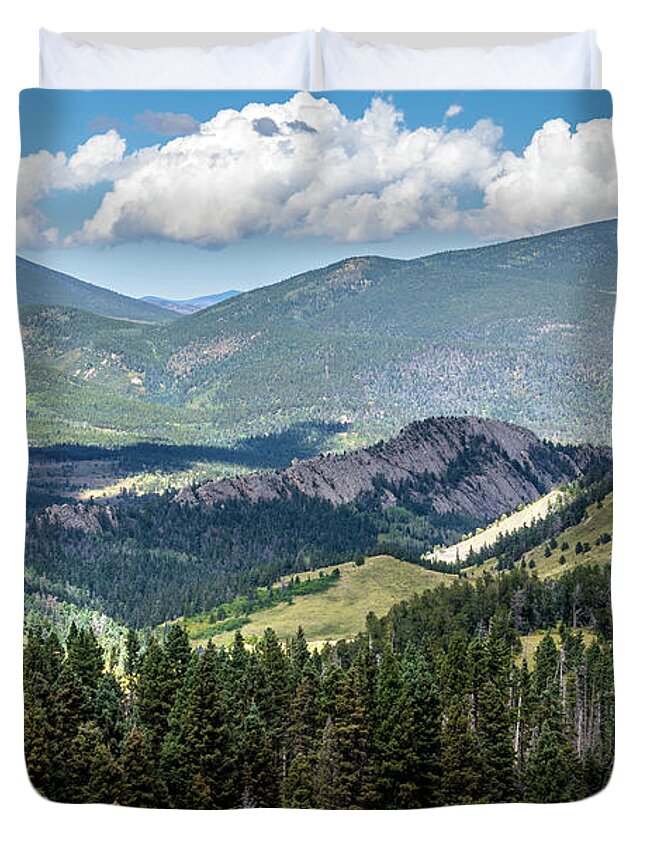 Beauty In The Sky Duvet Cover featuring the photograph Mountains Forest And Volcanic Dike Colorado by Debra Martz