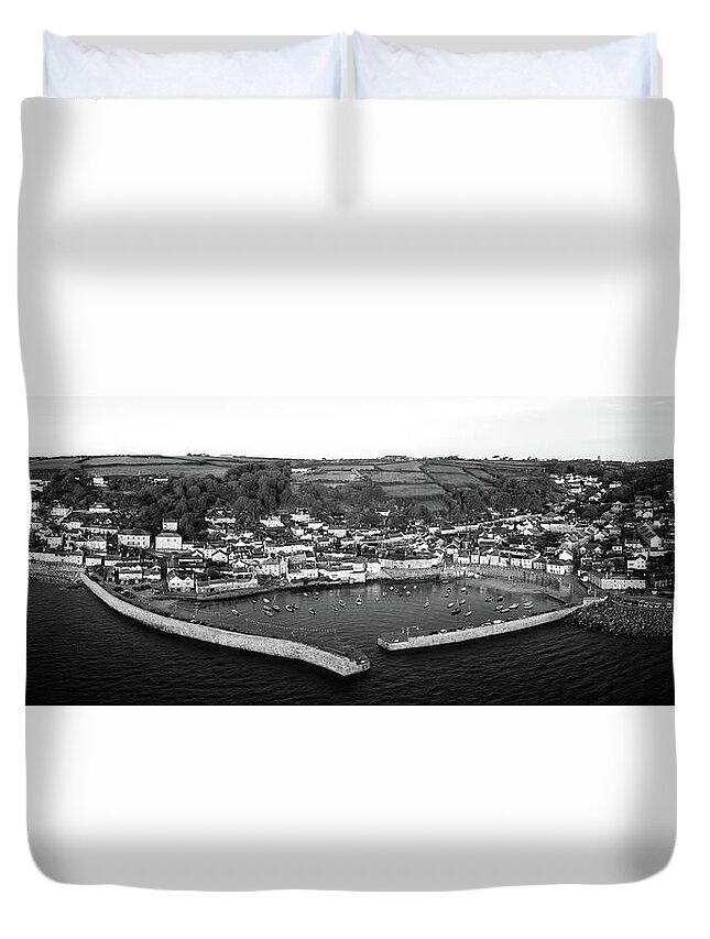 Coast Duvet Cover featuring the photograph Mousehole Fishing Village Harbour Aerial black and white by Sonny Ryse