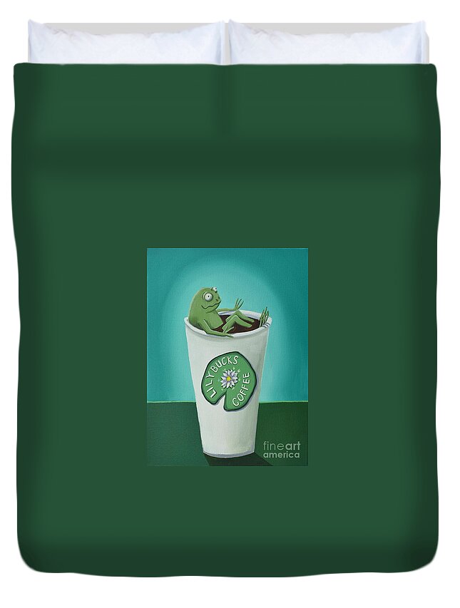 Frog Duvet Cover featuring the painting Mr. Coffee frog by Debbie Criswell