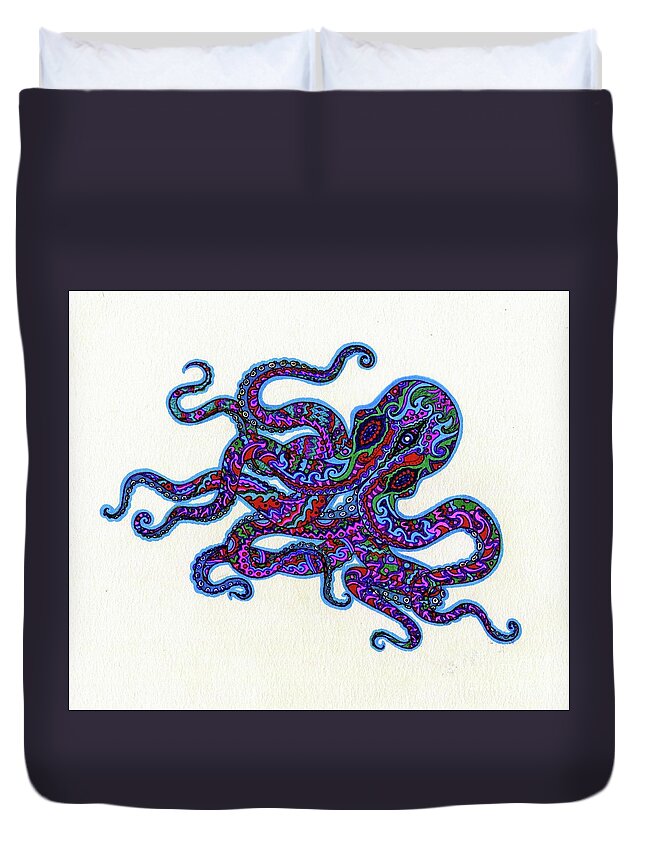 Octopus Duvet Cover featuring the drawing Mr Octopus by Baruska A Michalcikova