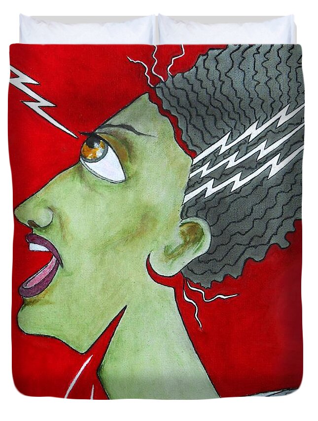Bride Of Frankenstein Duvet Cover featuring the mixed media Mrs. F.--Bride of Frankenstein by Jayne Somogy
