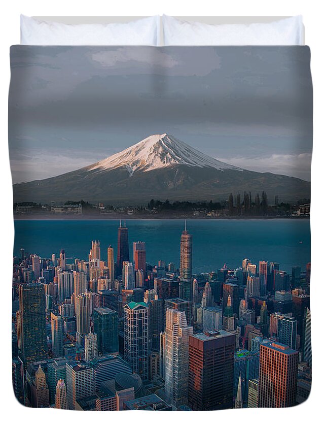 Mt Fuji And Chicago Duvet Cover featuring the digital art Mt Fuji and Chicago by Celestial Images